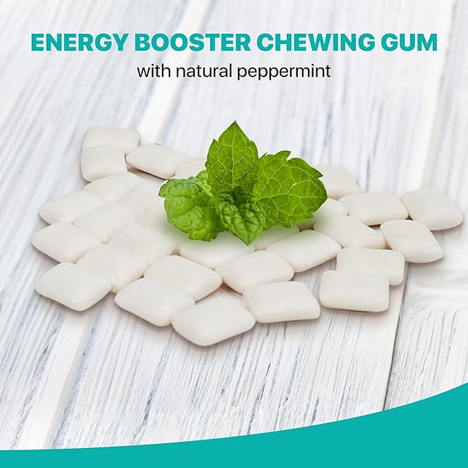 100% Xylitol Vitamin Gum | Sugar-Free, Natural Peppermint for Fresh Breath | Energy Booster, Low Dose Caffeine for sensitive individuals | B Complex, Ginseng | NO Aspartame / Sorbitol / Sucralose | NO Artificial Flavors / Colors | 60 Count