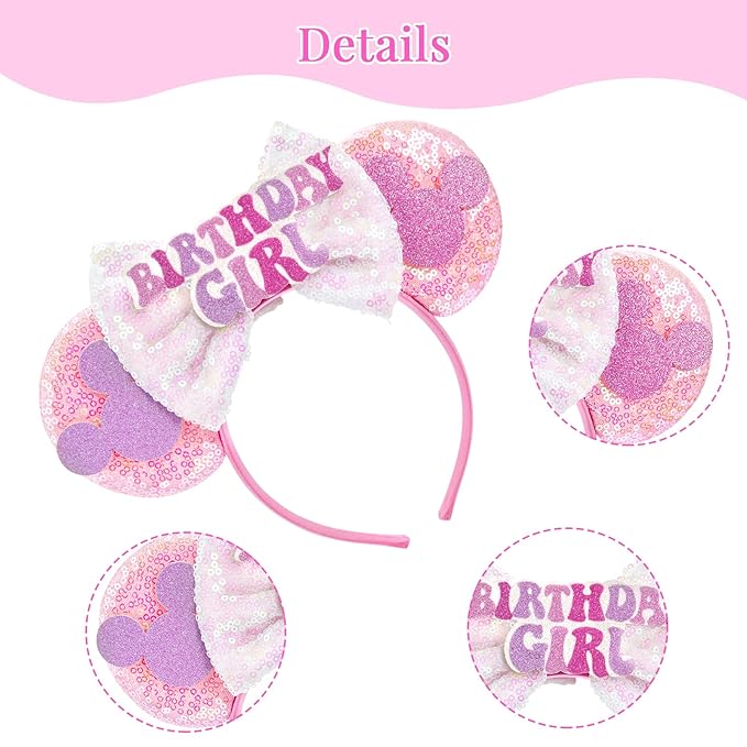 HAMUTH Mouse Ear Headband, Birthday Girl Headband for Women Girl Adult, Happy Birthday Ears for Party Trip Parks Cosplay Costume Accessories