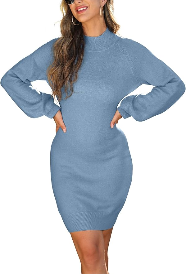 GRECERELLE 2026 Women's Mock Neck Ribbed Long Sleeve Bodycon Pullover Cute Mini Sweater Dress (XS-2XL)