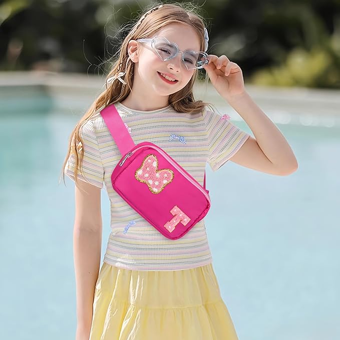 Chenille Initial Letter Bow Mouse Fanny Pack, Waterproof Park Crossbody Bag Christmas Birthday Gifts for Teen Girls Daughter Women Kids Adults, Cute Belt Bag Must Haves for Park Travel (T, Rose Red)