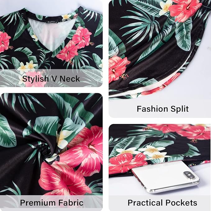 Arolina Women's Summer Maxi Dress Short Sleeve V Neck Casual Loose Long Beach Split Dresses with Pockets