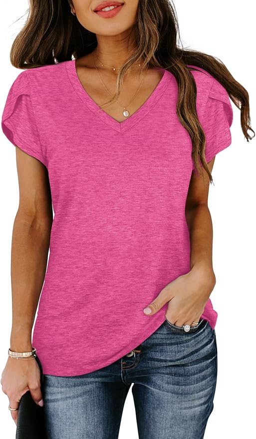 WIHOLL Womens Tops V Neck Summer Petal Sleeve Casual Tshirts