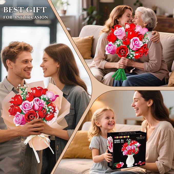 HOGOKIDS Flowers Bouquet Building Set with Lights - 16 Roses Bouquet Botanical Building Blocks Artificial Red Roses Flower for Home Decor Birthday Valentines Gifts for Adults Girl - 387PCS (Pink)