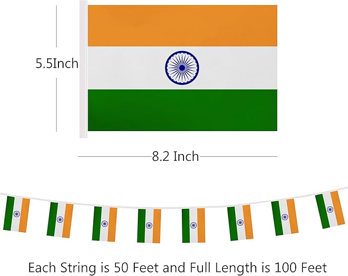 Yamiuo 100 Feet India String Flag, 76 Pcs Indian Banner Flag, Small Mini World Banner Flags for Sports Events, Bars Decorations, School Festivals, Party Decorations, Celebrations (India)