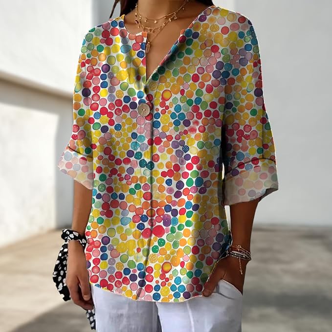 Long Sleeve Shirts for Women V Neck Button Boho Graphic Blouses Casual Collared Fashion Summer Flowing Tops