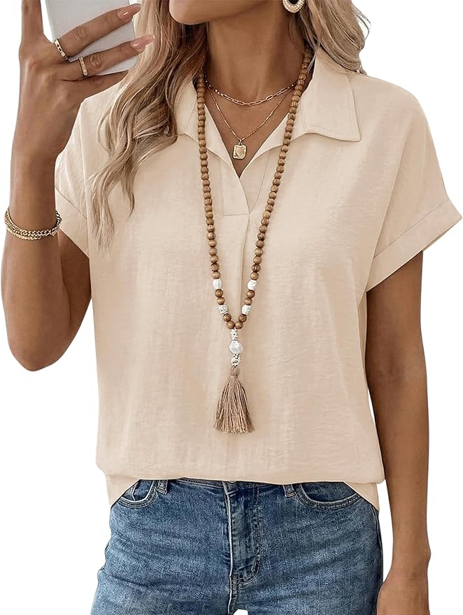 LOMON Women Blouses Spring Summer Tops for Women 2026 Short Sleeve V Neck Dressy Casual Collared Shirts Work Office
