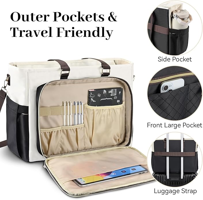 Teacher Tote Bag for Women,Multi-Pocket Laptop & Nurse Work Bag with Cup Holder,Structured Business Briefcase Computer Purse