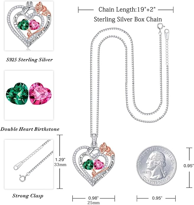 Iefil Valentines Day Gifts for Her - 925 Sterling Silver Double Birthstone Necklace, Anniversary Birthday Gifts for Women, Jewelry Gift for Wife Girlfriend Mom Her