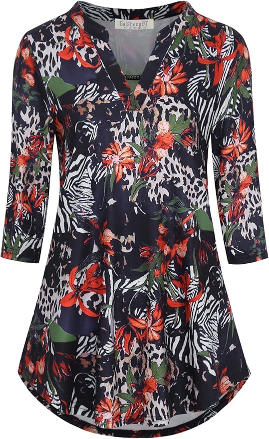 BAISHENGGT 3/4 Sleeve Tops for Women Notch V Neck Floral Work Blouses Dressy Casual Loose Fit Going Out Tunic Tops