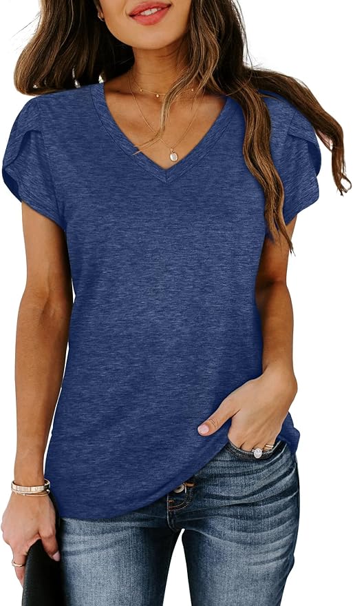 WIHOLL Womens Tops V Neck Summer Petal Sleeve Casual Tshirts