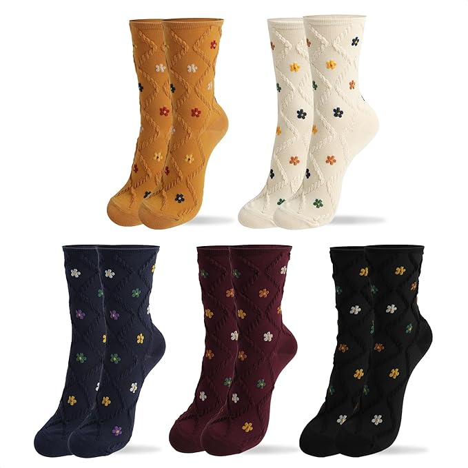 Kikiya Women's Cotton Crew Socks - Cute Flower Graphic Polka Dot Striped Heart Patterned - Ladies Girls Casual Socks Size 6-8