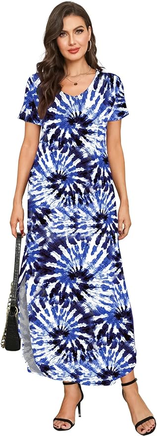 Arolina Women's Summer Maxi Dress Short Sleeve V Neck Casual Loose Long Beach Split Dresses with Pockets