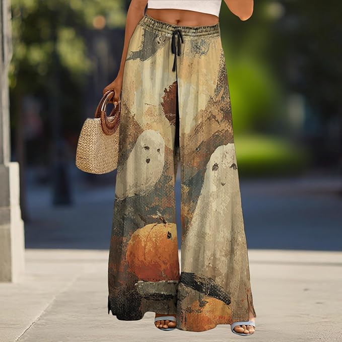 domirica Halloween Pants Women Drawstring Elastic Waist Wide Leg Pants Ladies Pumpkin Ghost Pajama Vintage Street Wear