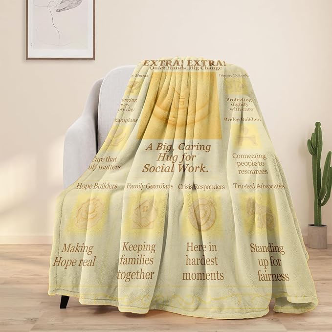 Social Worker Gifts Blanket 60x50in Flannel Throw, Vintage Newspaper-Style Office Decor, Appreciation & Graduation Present for Women & Men, Social Work Month, Soft Lap Cover for School Counselor