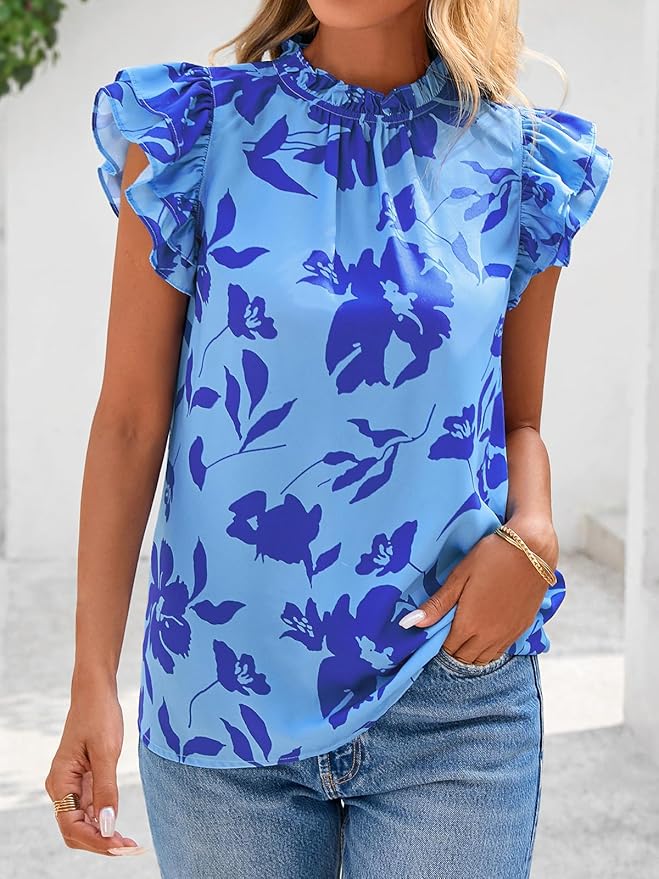 PRETTYGARDEN Women's Ruffle Short Sleeve Summer Tops 2026 Trendy Floral Trim Neck Casual Dressy Chiffon Boho Blouses Shirts