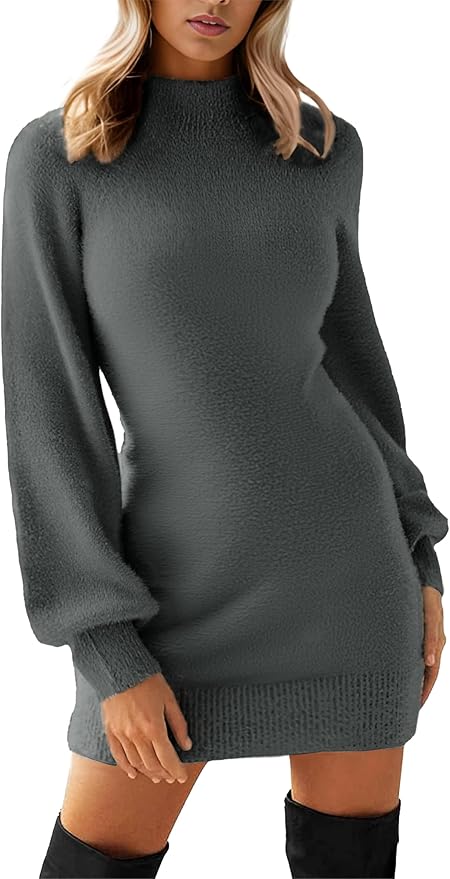 GRECERELLE 2026 Women's Mock Neck Ribbed Long Sleeve Bodycon Pullover Cute Mini Sweater Dress (XS-2XL)