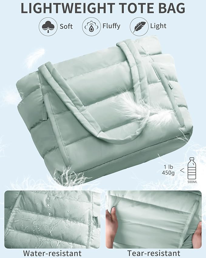 Puffer Tote Bag for Women, Lightweight Puffy Work Handbag Teacher Nurse Quilted Shoulder Bag for School Travel Gym | Quilted, with Zipper, Daily Carry On Bags, Comfy College Bags, 15.6" Laptop Sleeve, Cup Holder Pocket, Portable, Spacious