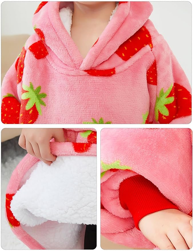 KFUBUO Wearable Blanket Hoodie for Kids Toddlers Sherpa Blanket Sweatshirt With Pocket Cute Hoodies 2-6 Year Old Girl Birthday Gifts Strawberry