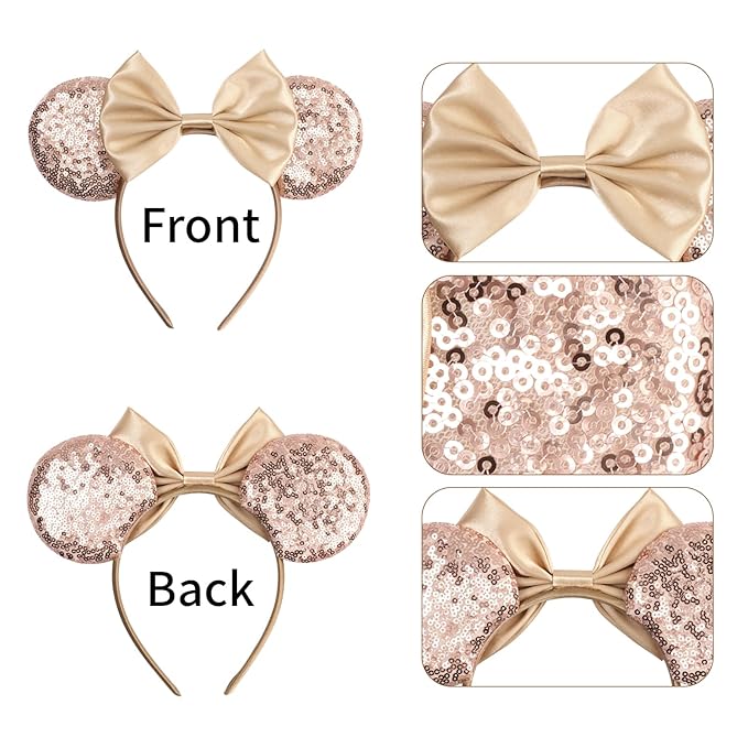 bianbaistar Champagne Glitter Mouse Ears Headband, Luxe Satin Bow for Bridal Events & Park Days
