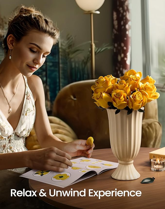 iATOM Yellow Rose Bouquet Building Set, 12Pcs Flowers Botanical Collection Kit for Adults, Valentine's Day Gift for Her/Girlfriend/Mom/Wife/Couple, Modern Home Office Table Centerpiece Decor Aesthetic