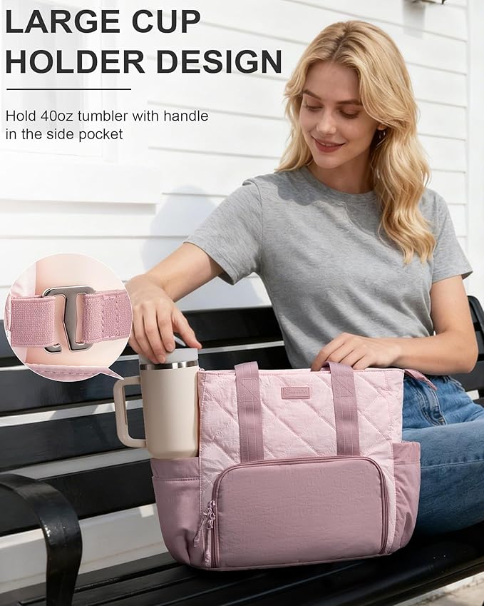 Puffer Lunch Tote Bag for Women, 15.6 Inch Laptop Work Bag with Insulated Lunch Compartment & Large Cup Holder, Lightweight Quilted Puffy Lunch Box Purse for Teacher Nurse Travel Office Daily School