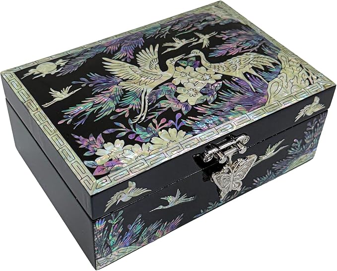 Nacreh Mother of Pearl Korea Traditional Crane Jewelry Ring Necklace Trinket Wooden chest Box - Inlay with Sea Shell Gifts for Women