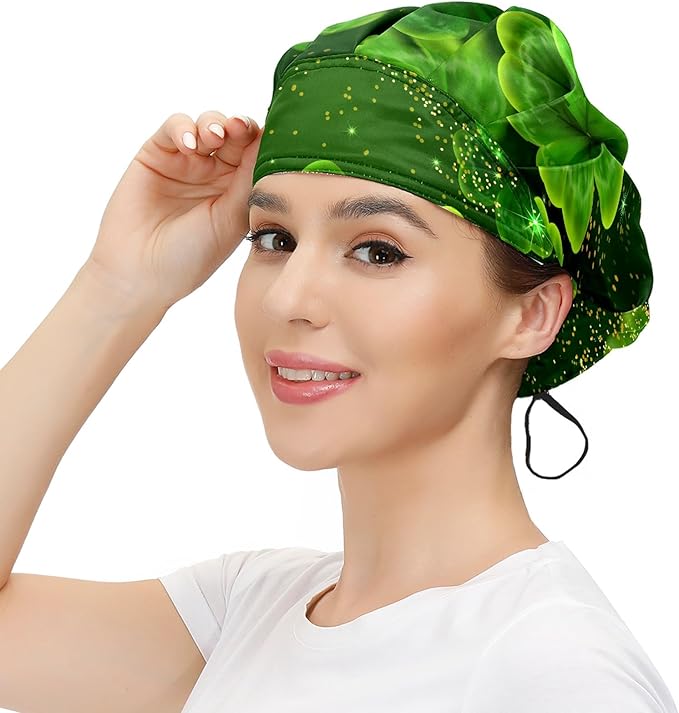 Women's Working Cap Green Clovers Golden Adjustable Working Hats with Sweatband and Elastic Toggle Head Cover