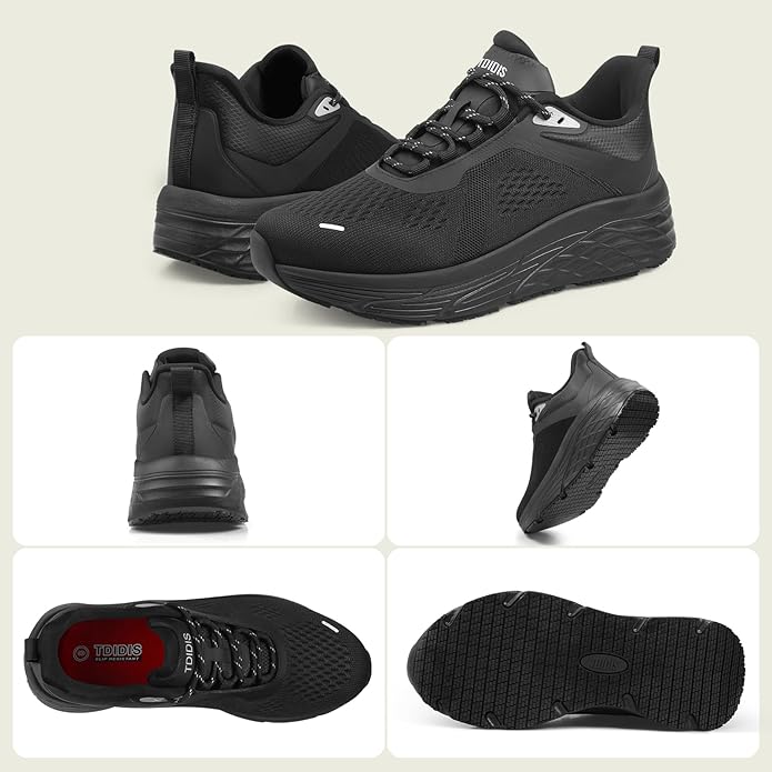 Black Non Slip Work Shoes for Women, Water-Resistant Kitchen & Restaurant Sneakers, Cushioned Thick Midsole for All-Day Standing, Chef & Food Service Footwear
