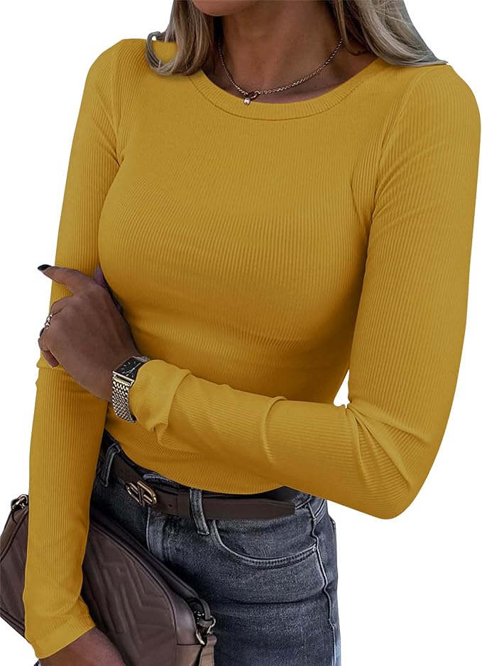 Roselux Womens Long Sleeve Stretch Crewneck Ribbed T-Shirt Fitted Casual Basic Tops