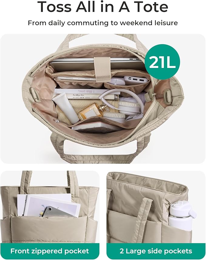 BAGSMART Tote Bag for Women, Lightweight Puffy Tote Bag with Compartments Shoulder Bag Handbag for Travel, Work, Gym | Lightweight, Puffy, Tote Bag with Compartments, Quilted, for Travel, Work