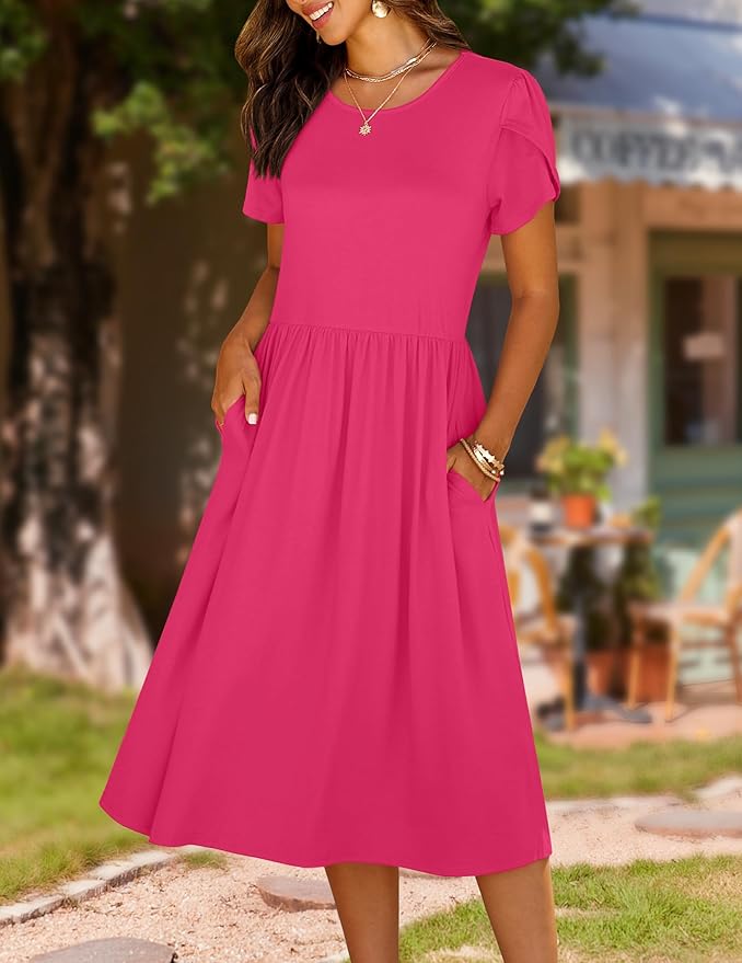 HOTOUCH Women's Summer A-Line Midi Dresses 2026 Casual Floral Short Sleeve T-Shirt Dress Flowy Beach Sundress with Pockets