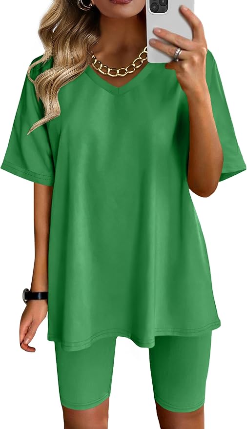 AGSEEM Two Piece Outfits For Women Summer V Neck T-Shirt Tops Biker Shorts Workout Sports Tracksuit