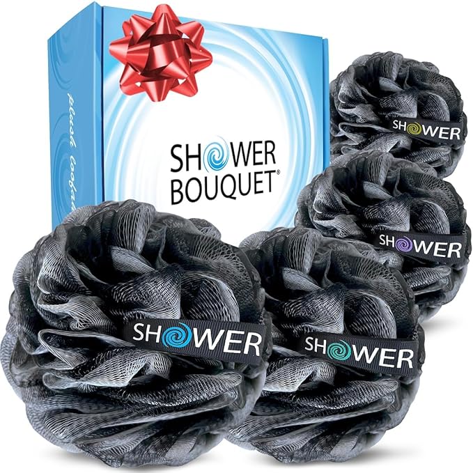 SHOWER BOUQUET Loofah-Charcoal Bath-Sponge-4-Pack // Extra-Large 75g Soft Mesh Black Loofa Lufa Loufa Luffa Puff Set/Exfoliating Body Scrubber for Women and Men - Exfoliate & Soothe Face & Body