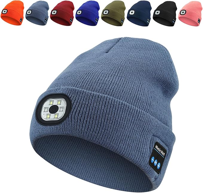Bluetooth Beanie with LED Light & Removable Speakers, USB Rechargeable Bluetooth Beanie Hat with Light,for Men Husband Teen