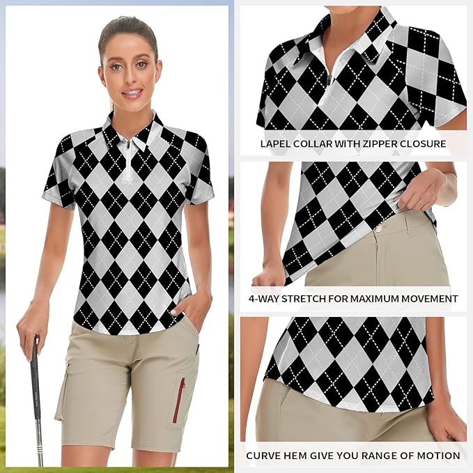 Women's Golf Shirt Short Sleeve Tennis Shirt Quarter Zip Golf Pullover Golf Polo Shirts Argyle Tops