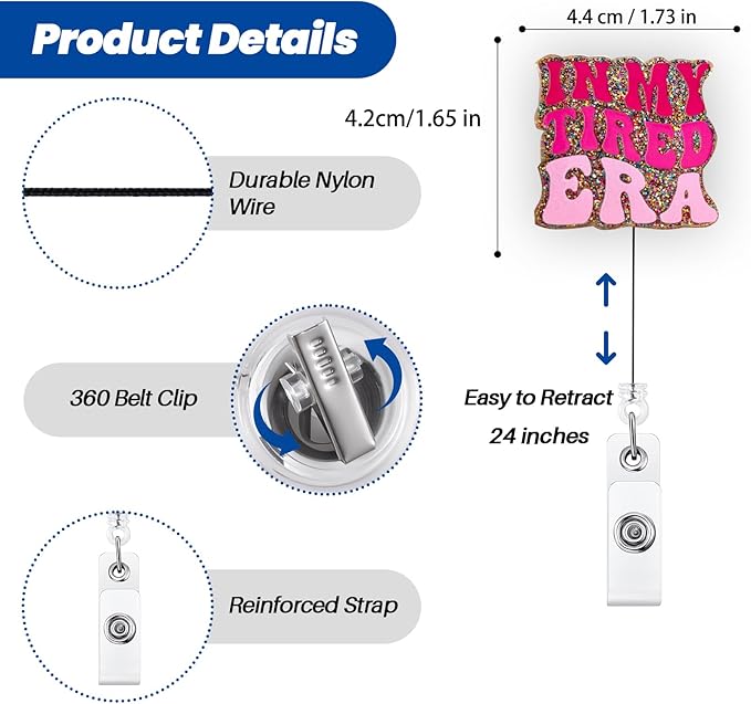 in My Tired Era Funny Office Badge Reel, Pink Retractable ID Card Badge Holder, Name Tag Work Badge Clip for RN LPN CNA MA ER Night Shift Nurse Nursing Student Doctor Teacher, Nurse Teacher Gifts