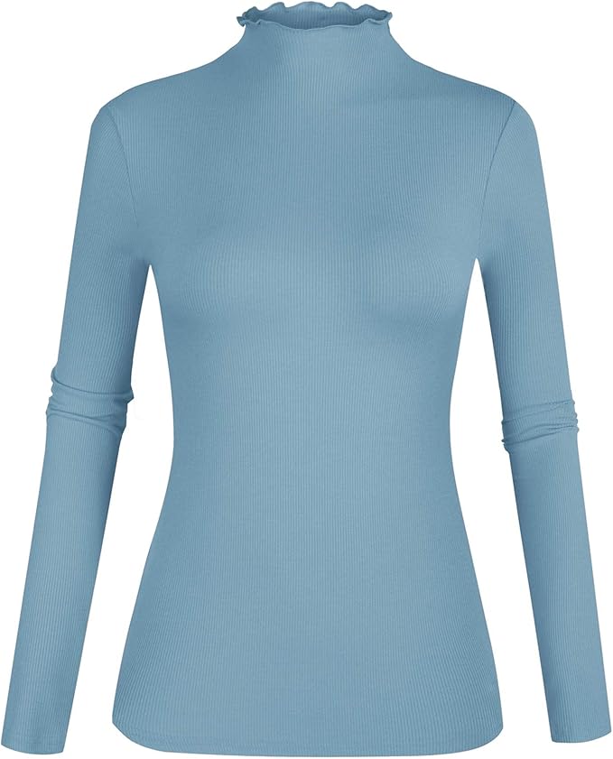 POPZONE Women's Lettuce Trim Mock Neck Long Sleeve Slim Fit Ribbed Knit Tee Shirt Tops