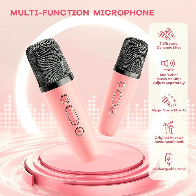 YLL Karaoke Machine for Kids Adults, Bluetooth Mini Speaker with 2 Wireless Microphones, 2026 TOP Birthday Gifts Toys for Girls Ages 3, 4, 5, 6, 7, 8, 9, 10, 12+ Years Old Toddler Family (Lightpink)