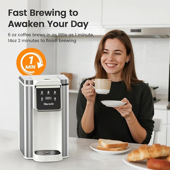 Horavie Single Serve Coffee Maker for K-Cup Pod and Grounds, Hot and Iced Coffee Maker, Strong Button Feature, 6 to 14oz Brew Sizes, 50oz Removable Reservoir, Fit 6.5" Mugs, Stainless Steel, White