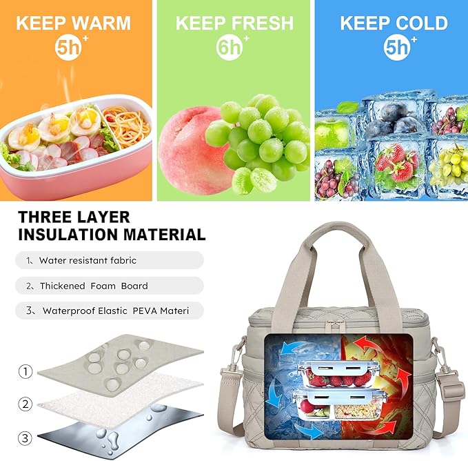 NOL Natural Organic Lifestyle Women's Nylon Lunch Cooler Cute Quilted Lunch Bag Large Leakproof Insulated Lunch Tote Bag for Work Picnic Travel,Khaki