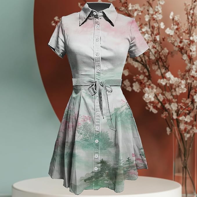 MARSVOVO Japanese Art Shirt Dresses for Women Short Sleeve Ruffle Button Down Tie Waist Trendy Elegant Midi Dress