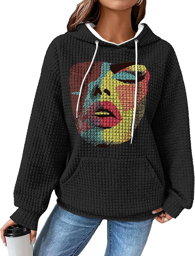 domirica Black Pullover Sweatshirts For Women Trendy Long Sleeve Waffle Sweatshirt With Hood Comfy Fall Clothing Qutfits