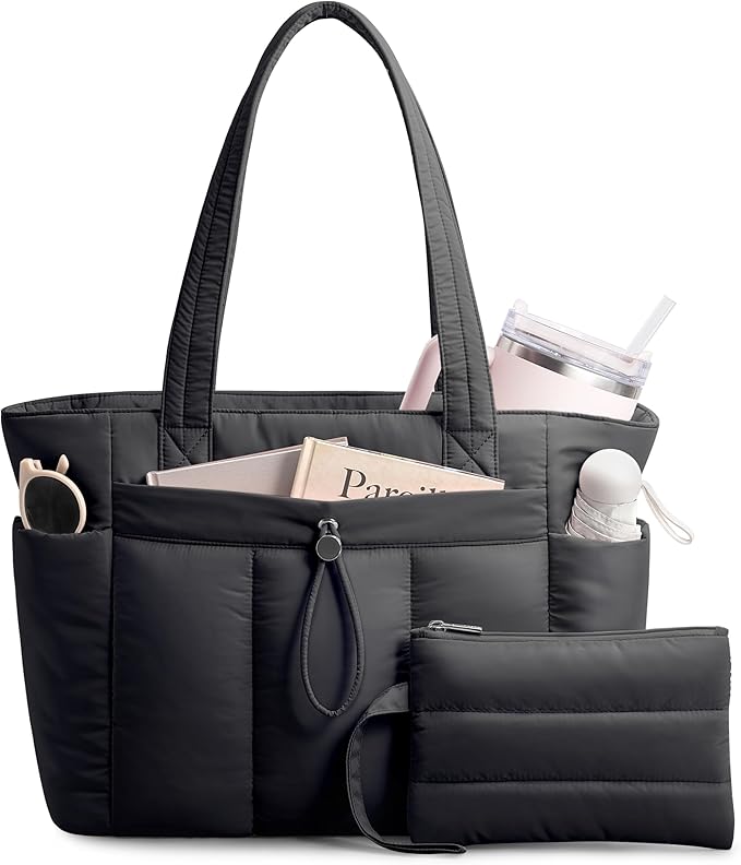 TOPDesign Puffy Tote Bag for Women with Cup Holder & Laptop Compartment & Cosmetic Bag & Trolley Sleeve for Work, Travel