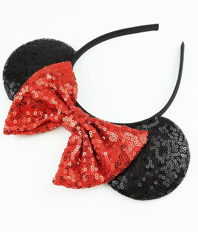 LIHELEI Mouse Ears Headband with Sequin Bows, Headbands for Women Halloween Costume, Headwear Hair Accessories - Red and black Mouse Ear