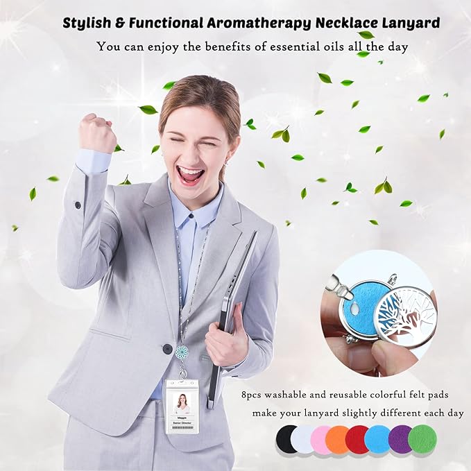 Lanyards for ID Badges Women ID Badge Holder with Lanyard Keychain Long Bling Stainless Steel Silver Chain Nurse Nursing Office Work Jewelry Diffuser Necklace Teacher Lanyard Gifts Flower