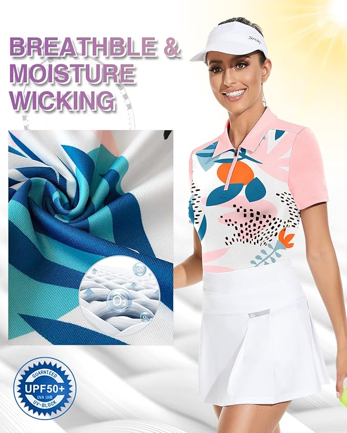 Women's Golf Shirt Short Sleeve Tennis Shirt Quarter Zip Golf Pullover Golf Polo Shirts Argyle Tops