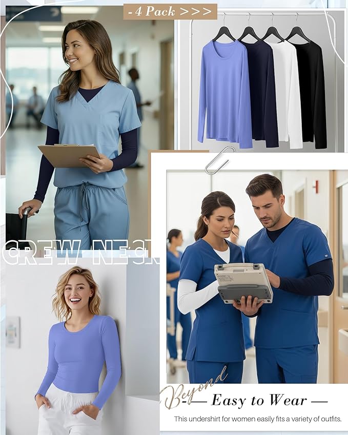 4 Pack Women's Underscrub Shirts Nurse Undershirts Long Sleeve Crewneck Slim Fit Tops Soft Stretchy Basic Tee