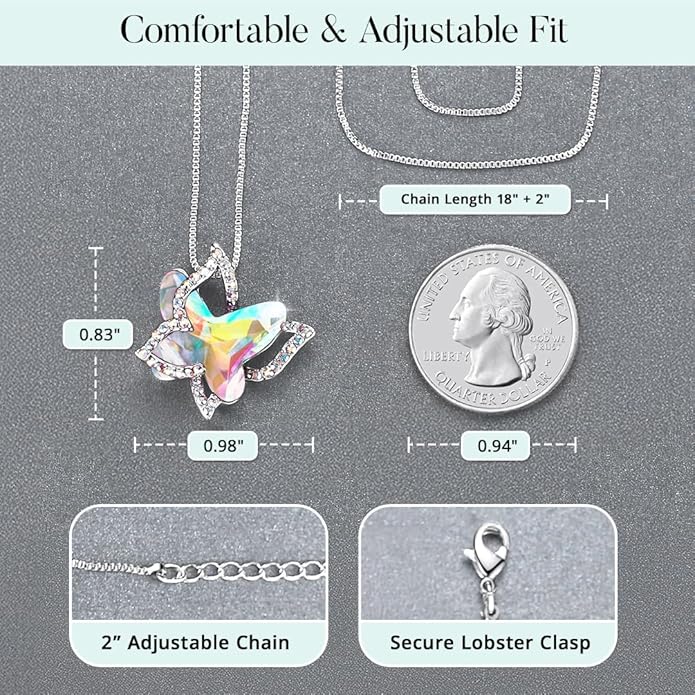 GEMMANCE Gift Butterfly Birthstone Crystal Necklace, Silver Tone with 18”+2” Chain, Necklace for Mother’s Day Anniversary Birthday Gifts for Women and Daughter, Valentine's Day