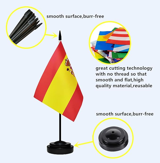 USA American & Spain Spanish Desk Flags, US Spain Table Flag, Small Mini Miniature Spanish and US Desktop Flag With 13" Solid Black Pole, Black Base