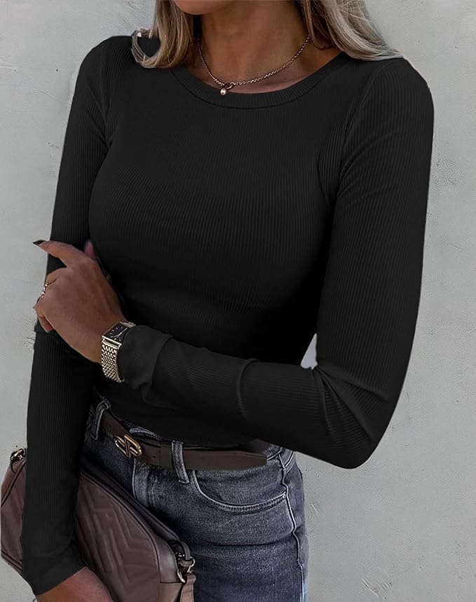 Roselux Womens Long Sleeve Stretch Crewneck Ribbed T-Shirt Fitted Casual Basic Tops